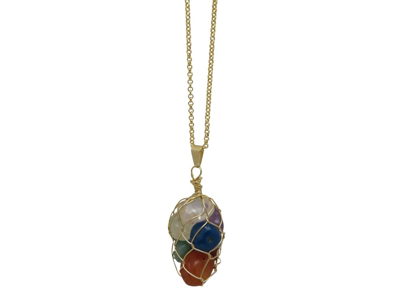 Wired Pendant With Natural 7 Chakra Reiki Healing Stones - hanging on a chain