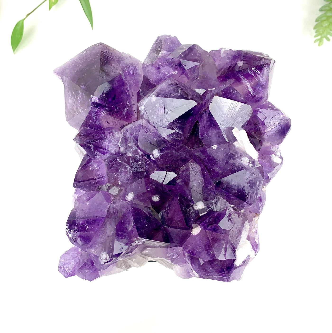 top view of Amethyst Cluster with Calcite Formations on Wood Base on white background