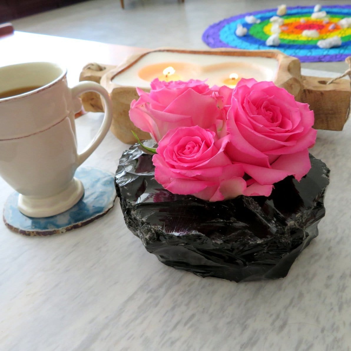 Black Obsidian Planter with pink roses inside