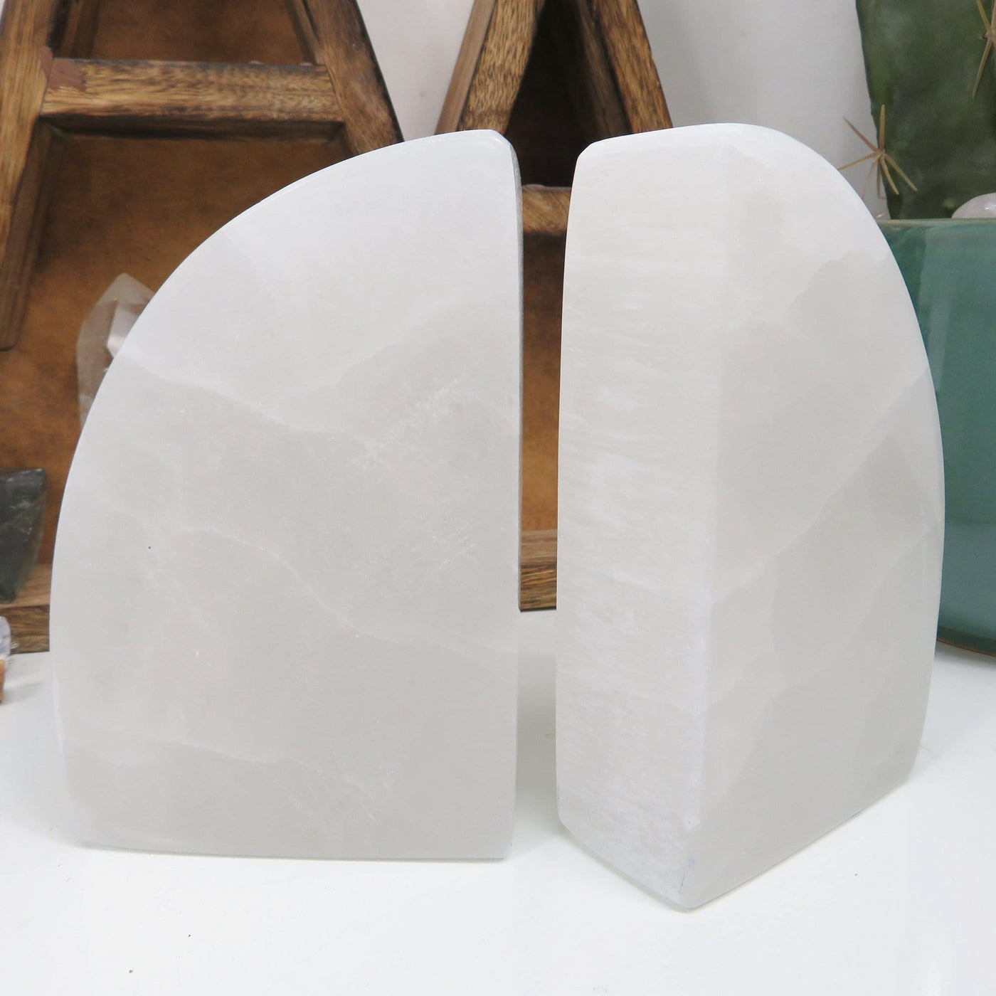 close up of selenite book ends for details and thickness