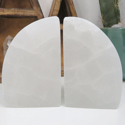 close up of selenite book ends