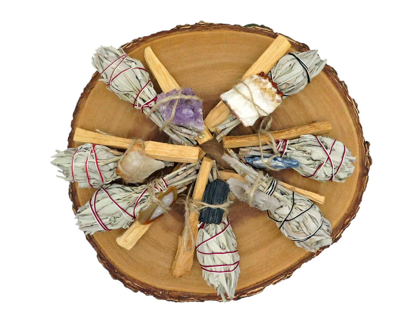 sage bundle palo santo with assorted stone on display for possible variations
