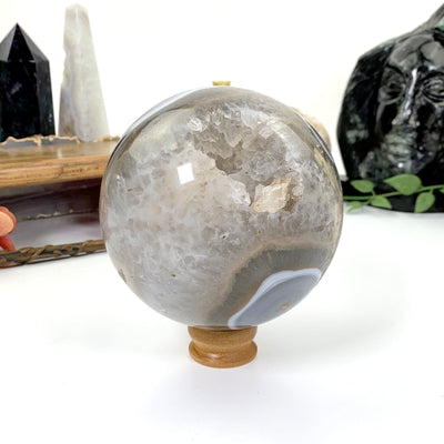 Natural Agate Druzy Sphere on a wooden stand