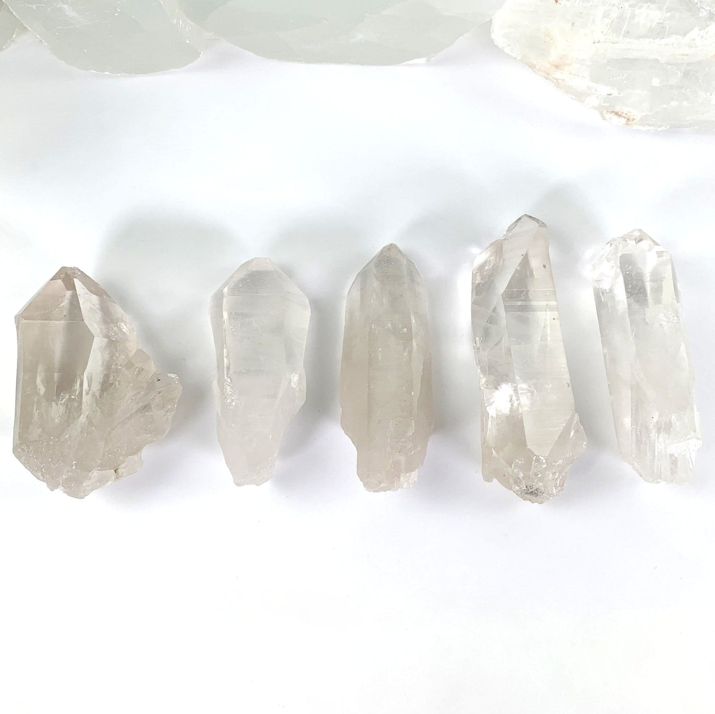 5 Natural Lemurian Quartz Points displayed to show various formations