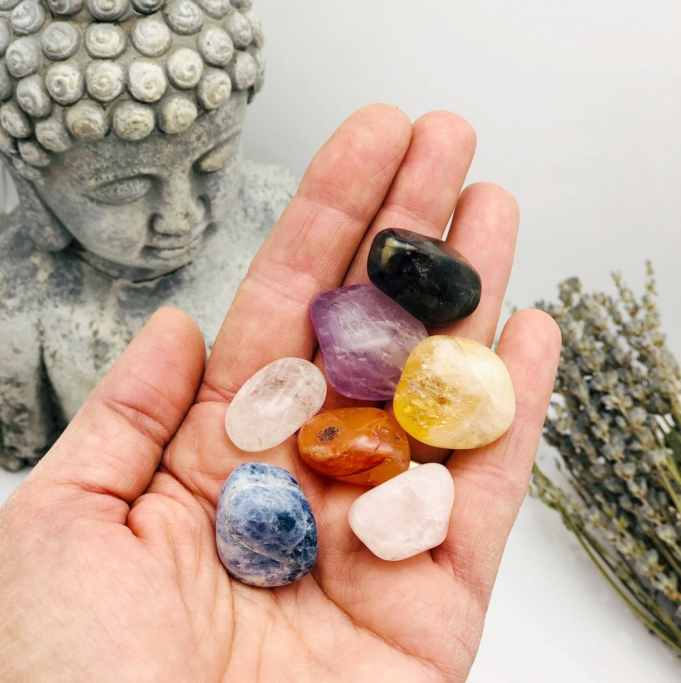 set of 7 chakra themed tumbled stones in hand for size reference 