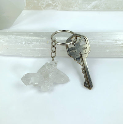 Crystal Clusters Keychain up close with a key on it