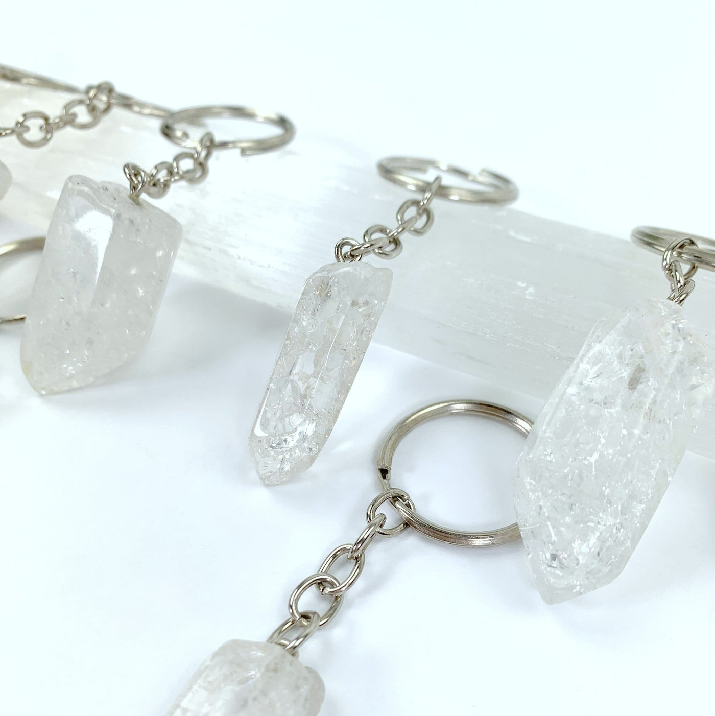Crackle Quartz Keychains from a side angle to see thickness