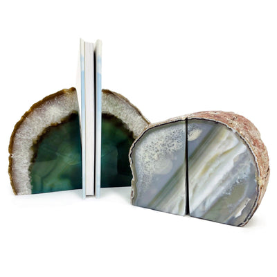 Two Green Agate Bookend Pairs shown front facing, one pair is holding books.
