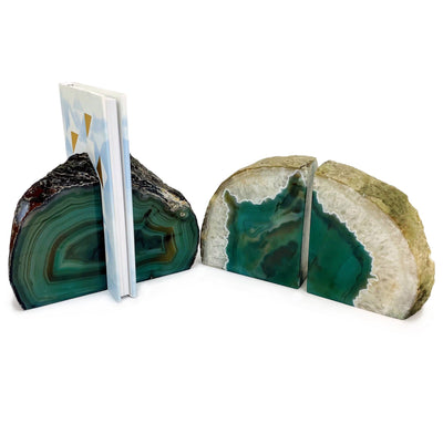 Green Agate Bookends front facing, one pair is holding a book.