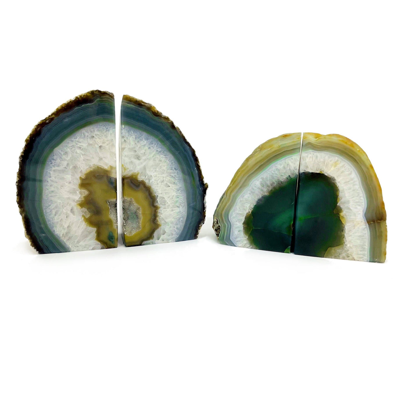 Green Agate Bookends displayed front facing to show variation in size and pattern.