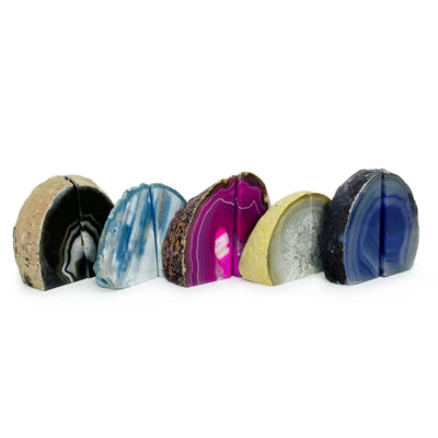 Many mini agate Geode Bookends displayed with a white background displaying size, color and pattern variations.