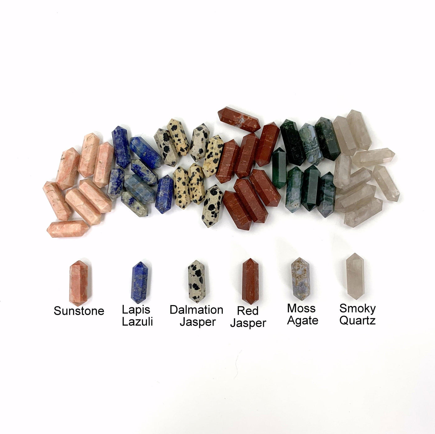 6 Gemstones Labeled With Writing and Piles of Their Respective Gemstone Above on white background.