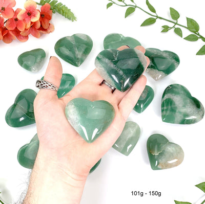 two 101g - 150g green quartz hearts in hand with a white background