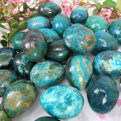 A close up of the Chrysocolla Polished Stone Eggs to show the differences in size, shape and color. 