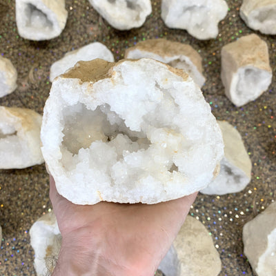 White Quartz Druzy Half Geode in hand for size reference
