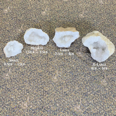 White Quartz Druzy Half Geodes displayed in small 0.5lb - 1.5lb medium 1.51lb - 2.5lb large 2.5lb - 4lb x-large 4lb - 6lb