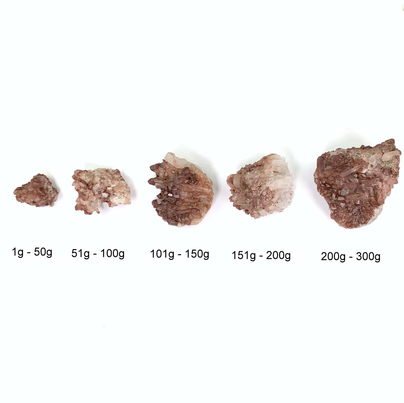 each weight  of lithium quartz quartz clusters labeled on a white background