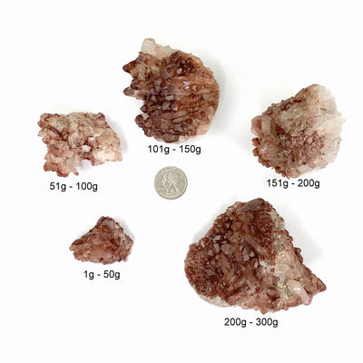 all size of lithium quartz clusters labeled and compared to a quarter on a white background
