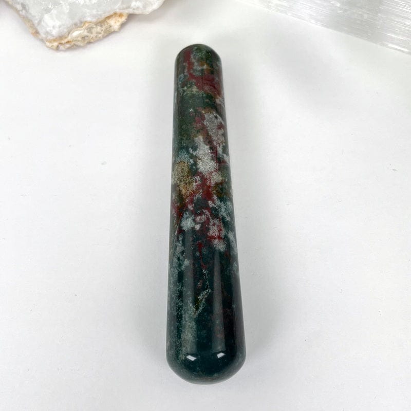 close up of bloodstone massage wands showing the details in the stone 