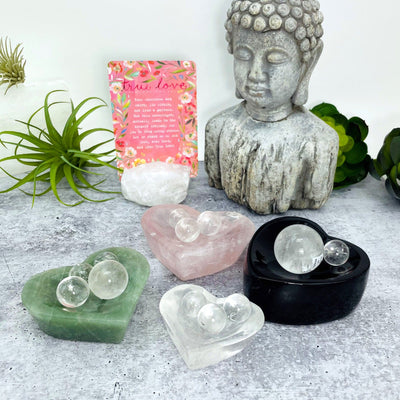 Green Aventurine Stone Heart Dish displayed with other gemstone heart dishes such as rose quartz crystal quartz black obsidian