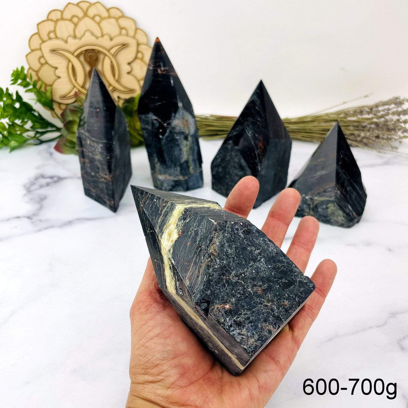 Black Tourmaline with Red Hematite Veins Semi Polished Points weight in 600-700g in hand for size reference
