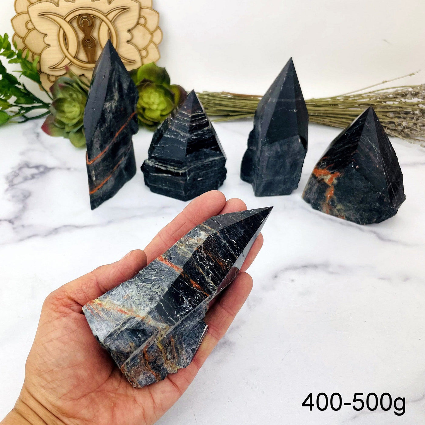 Black Tourmaline with Red Hematite Veins Semi Polished Points weight in 400-500g in hand for size reference