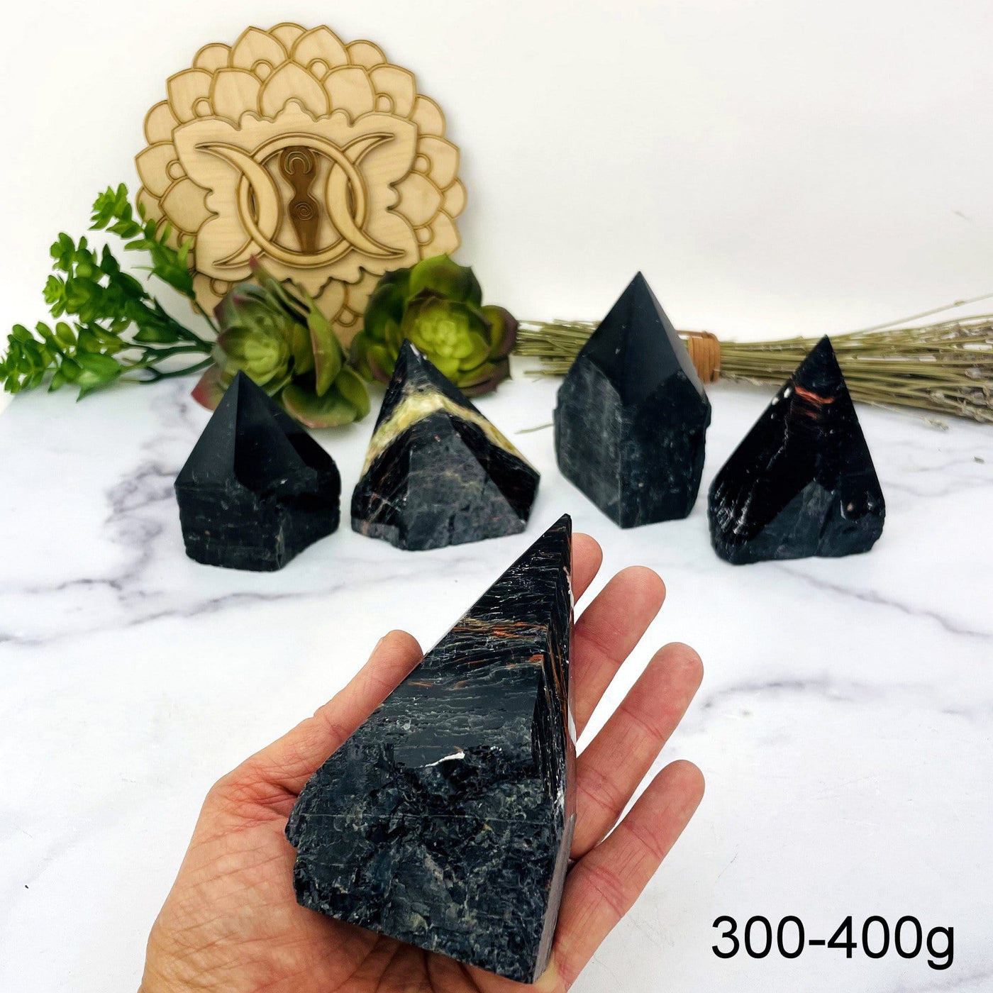 Black Tourmaline with Red Hematite Veins Semi Polished Points weight in 300-400g in hand for size reference