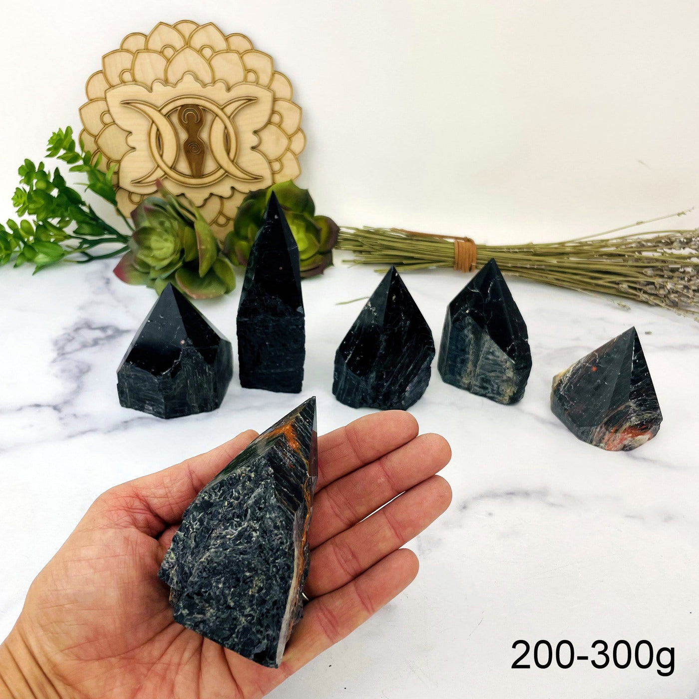 Black Tourmaline with Red Hematite Veins Semi Polished Points weight in 200-300g in hand for size reference