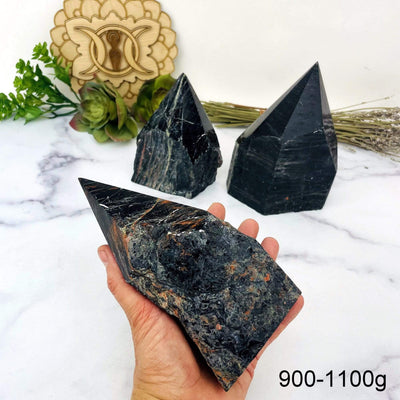 Black Tourmaline with Red Hematite Veins Semi Polished Points weight in 900-1100g in hand for size reference