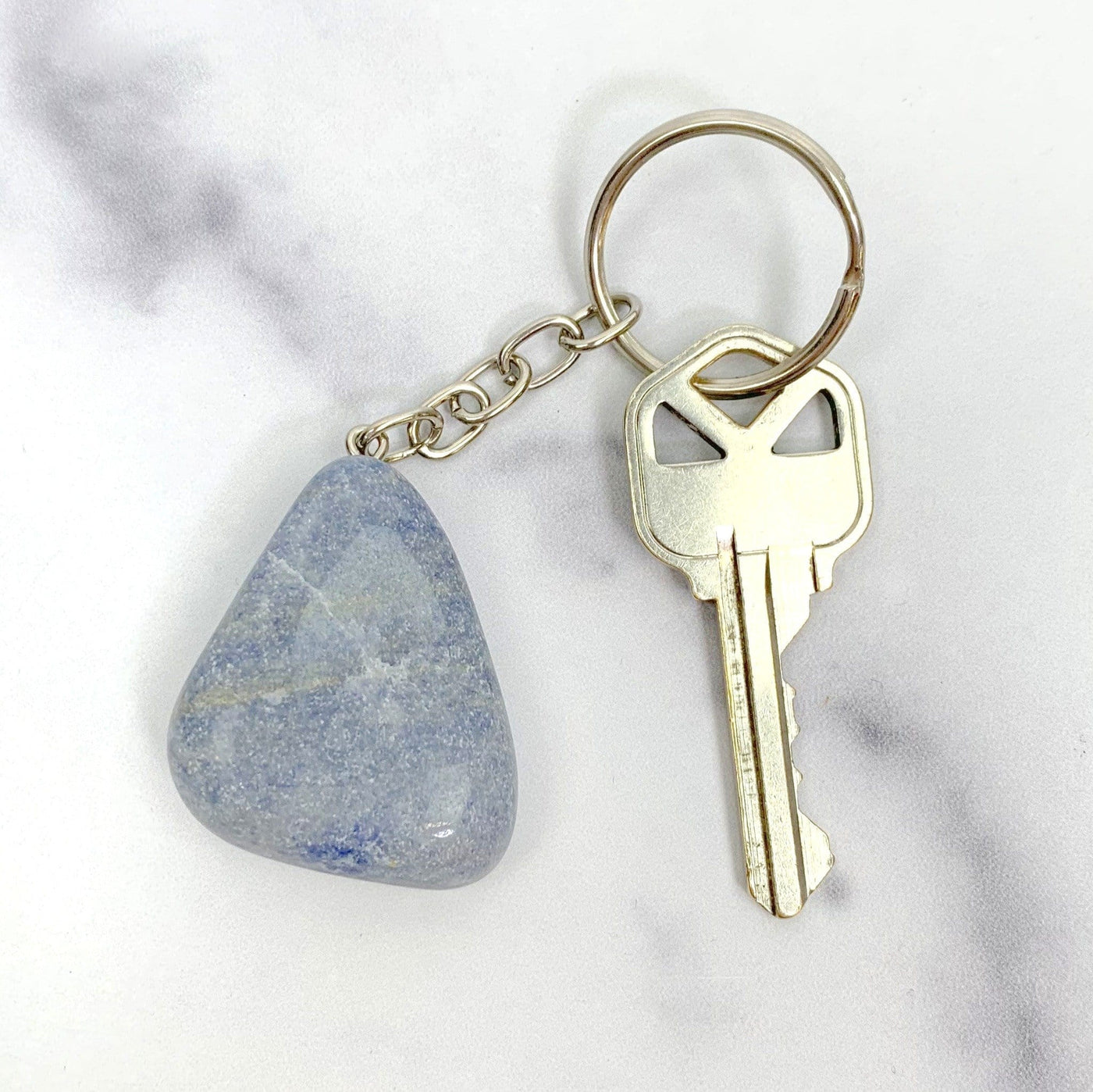 Tumbled Blue Quartz Keychains attached to a key