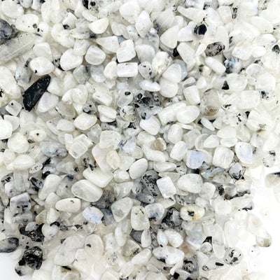 Moonstone Chips with black specks spread out on a table showing size variation