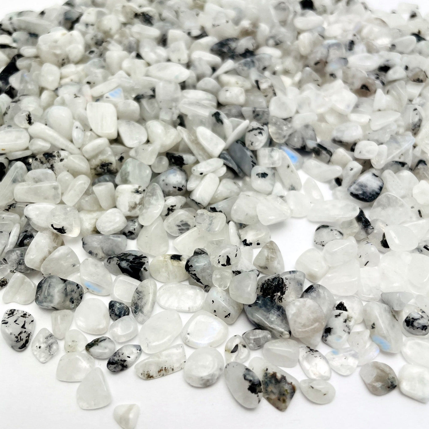 Moonstone Chips with black specks spread out on a table showing size variation