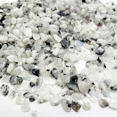 Moonstone Chips with black specks spread out on a table showing size variation