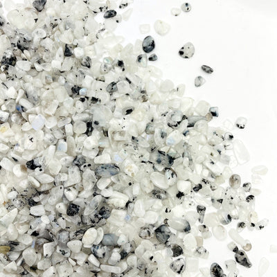 Moonstone Chips with black specks spread out on a table showing size variation