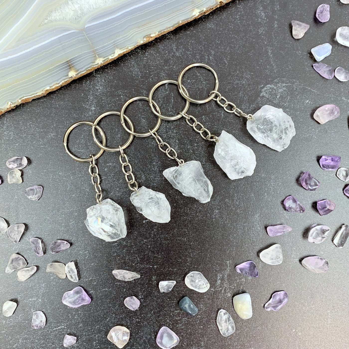 Natural Crystal Keychains - 5 on a table