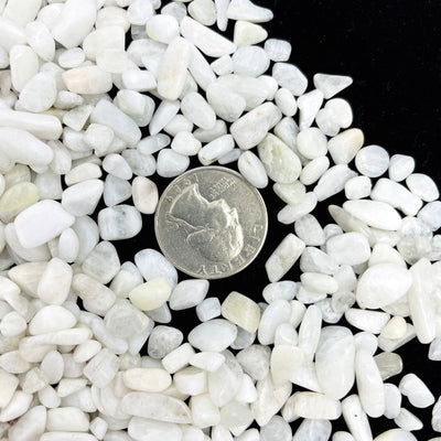 Moonstone Chips spread out on a table showing size variation next to a quarter