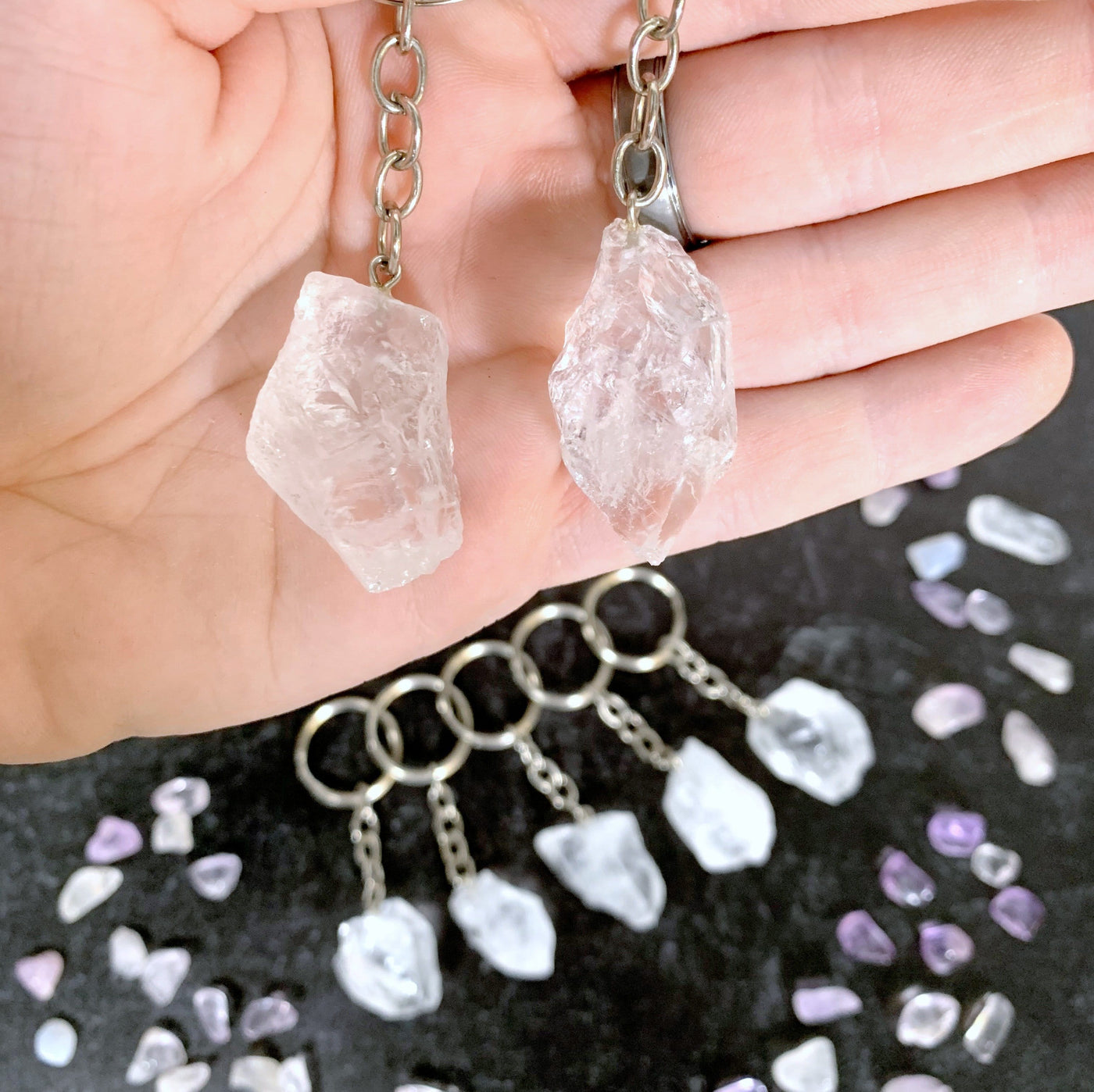 crystal cluster key chain in hand for size reference 