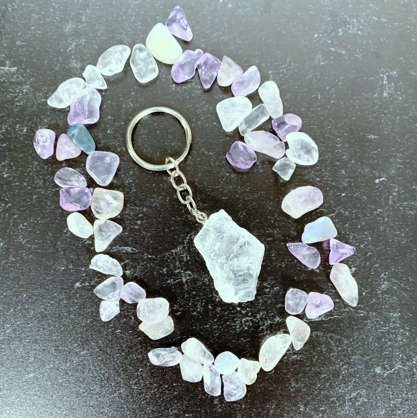 Natural Crystal Keychains -  one on a table