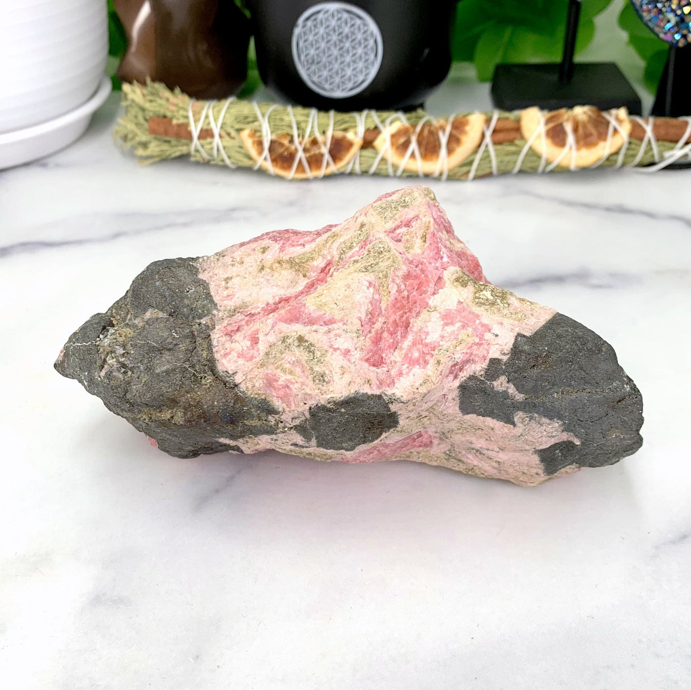 Natural Rhodonite - different angle on a table