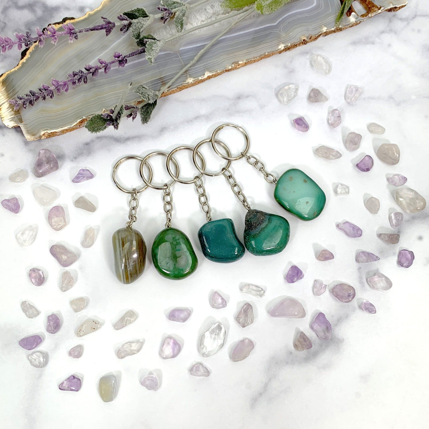  Various Green Tumbled Dyed Agate Keychains to show different colors patterns shapes thickness and texture