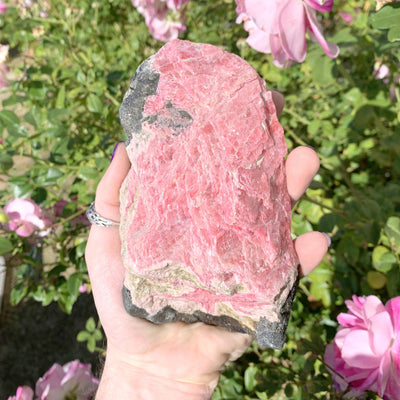 Natural Rhodonite - held in a hand
