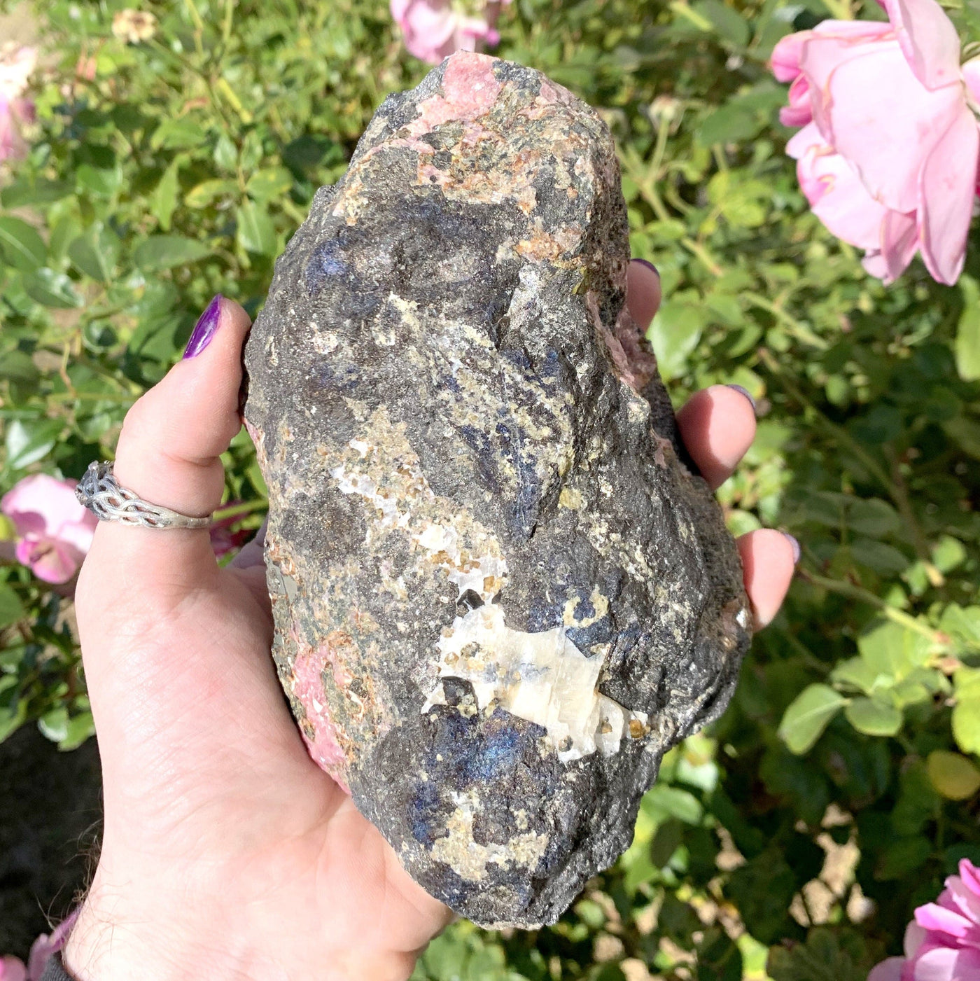 back view of rhodonite in hand with floral background
