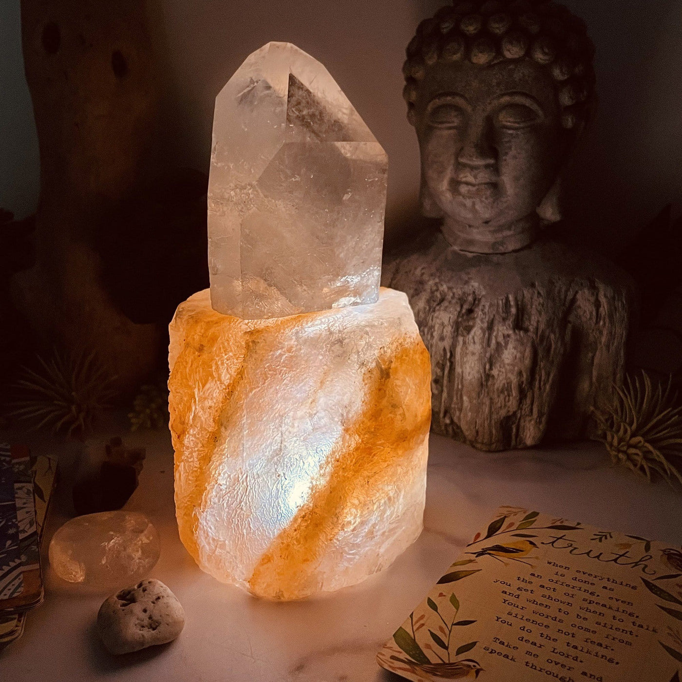 Lit from underside Himalayan Salt Candle Holder as a crystal stand