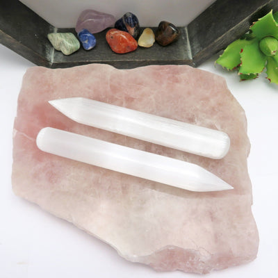 two selenite wand points on display for possible variations