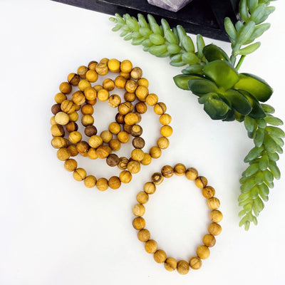 five Palo Santo Round Bead Bracelets 8mm Beads in white background