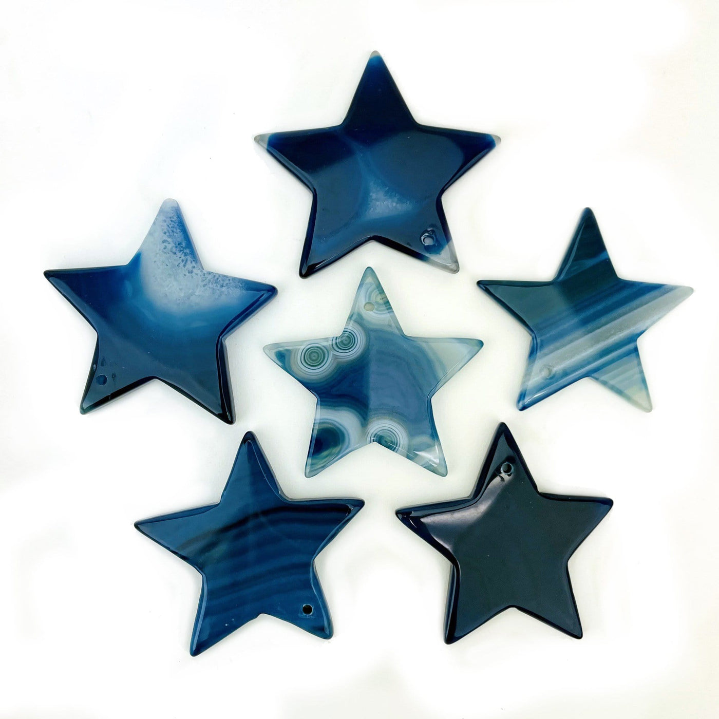 6 Blue Drilled Agate Star on White Background.