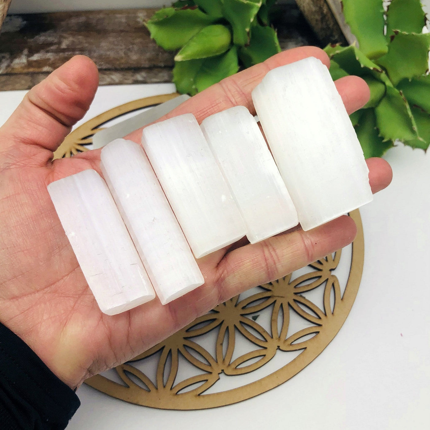 many selenite rectangle bars in hand for size reference