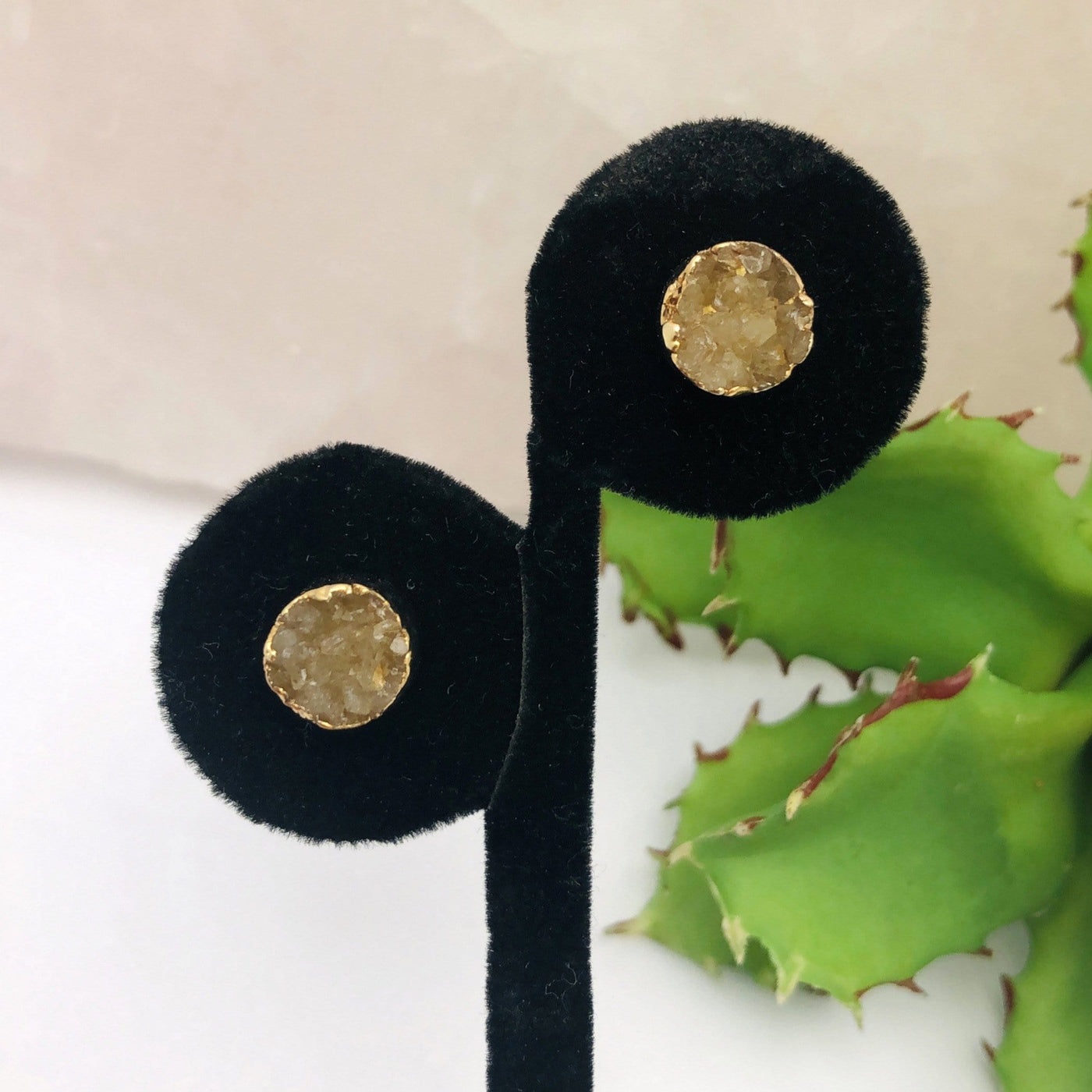 Druzy Stud Earrings in 24k Gold Electroplated on earring stand