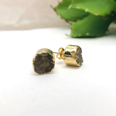 up close shot of Druzy Stud Earrings in 24k Gold Electroplated on white background