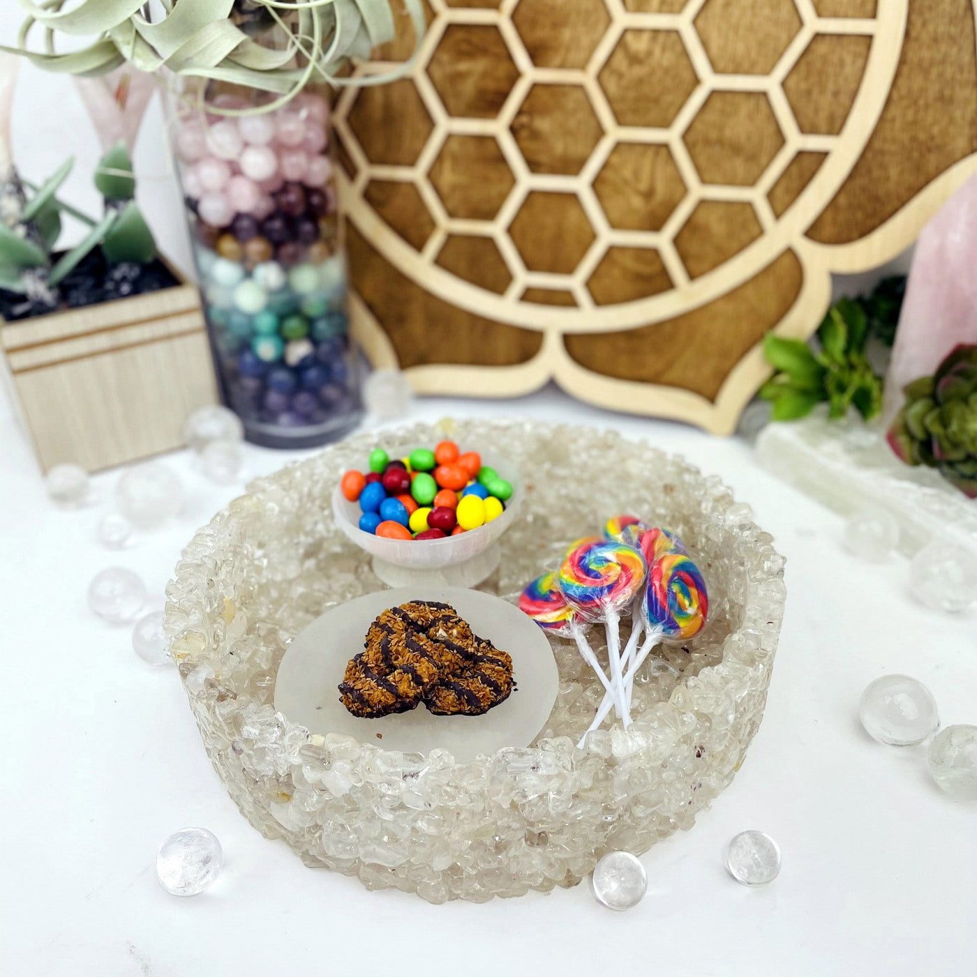 Tumbled Stone Bowl  - crystal with cookies and candy in it